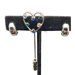 Vintage Anson Sterling silver 925 heart blue rhinestone stick pin and 925 small